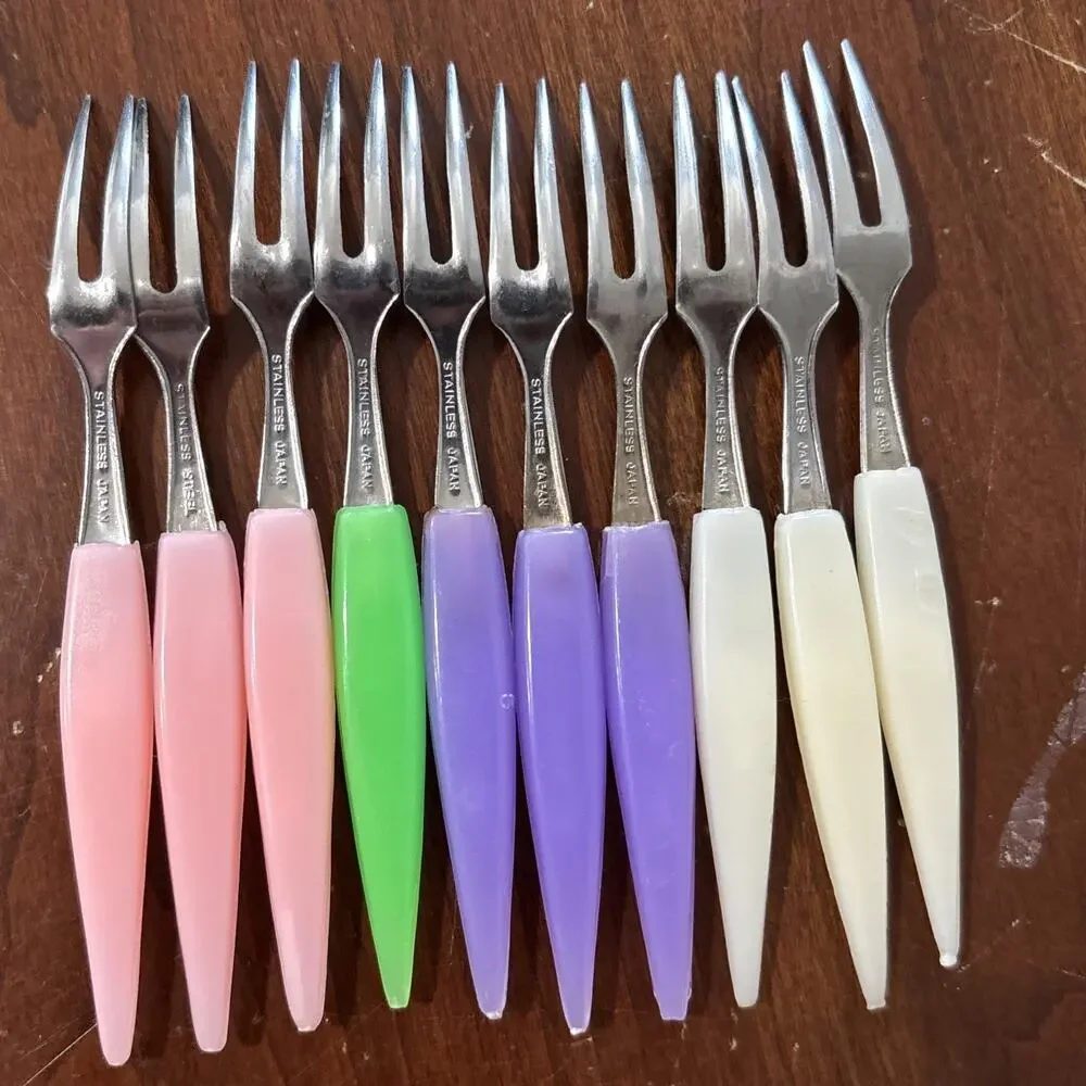 Vintage Little Fork Set 10 Stainless Steel Relish & Hors D'oeuvre Forks Japan